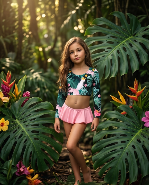 A young girl stands in a lush tropical jungle setting wearing a two-piece swimsuit. The swimsuit features a long-sleeve crop top with a green, pink, and white tropical leaf pattern, paired with a short pink skirt.