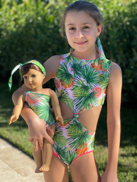 Doll Swimsuit  - Palm Orange Print